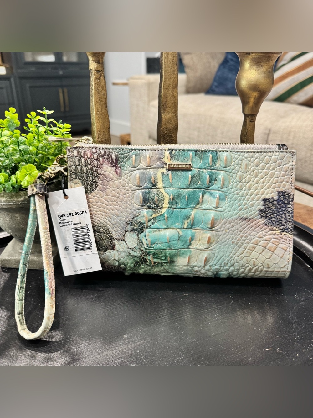 Brahmin Teal Multi Croc-Embossed Leather Wristlet Pouch